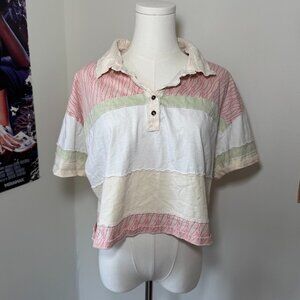 Free People We the Free Patchwork Pink, Cream, and Green Cropped Casual T Shirt